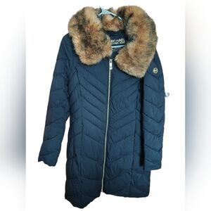 MICHAEL Michael Kors Navy Quilted Puffer Coat with Faux Fur Collar